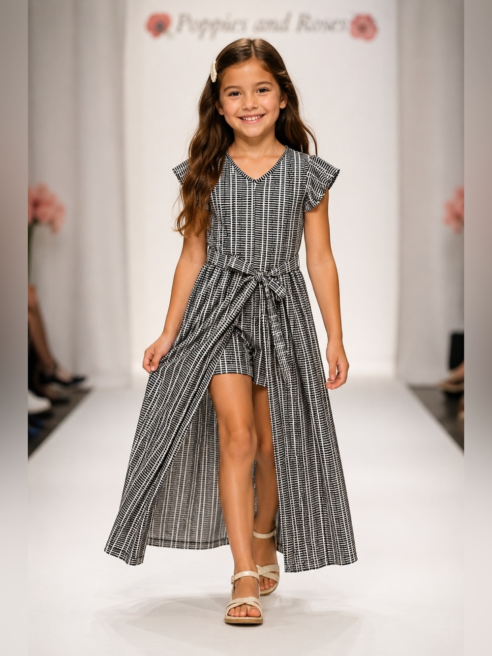 Girls Convertible Maxi Dress Romper Black White Tie Waist Boho Size 7